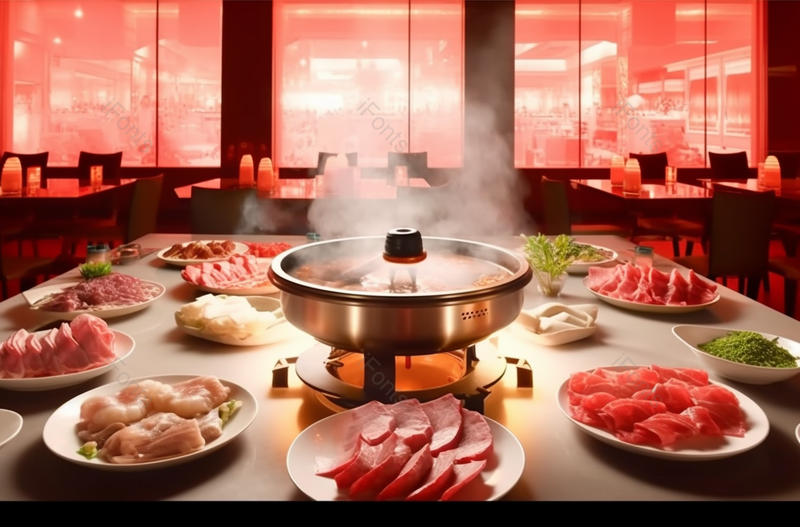 圆桌上火锅食材摆盘摄影实拍,高清,摄影图,摄影图片,图片大全,摄影图免费下载